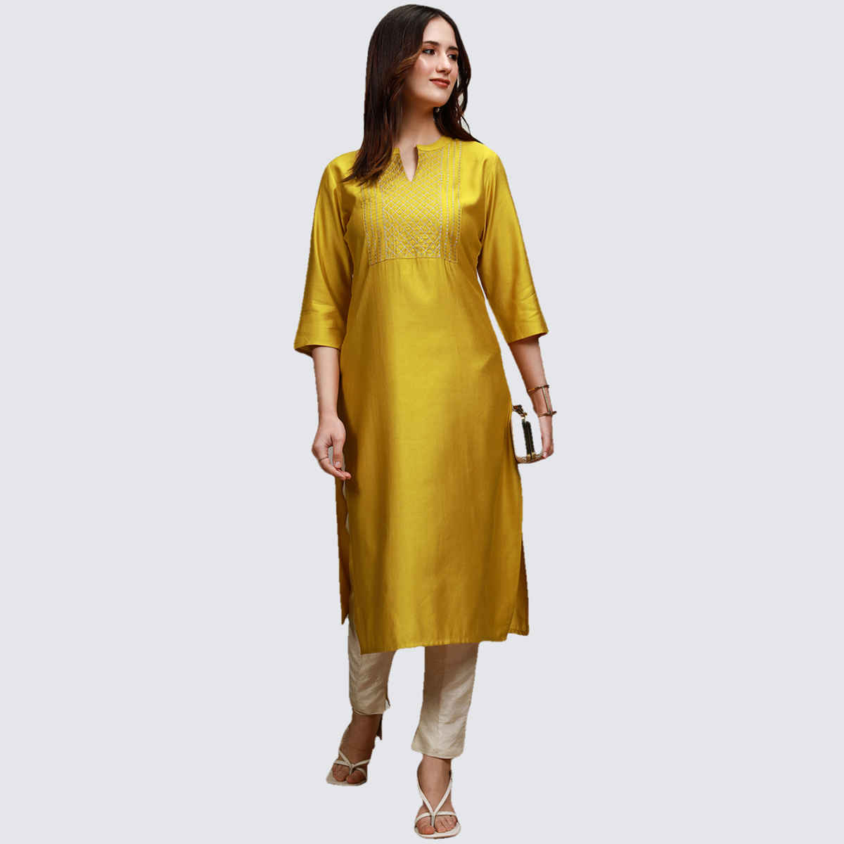 Vishudh Women's Embroidered Straight Kurta | VNKU014376 | Mustard - M