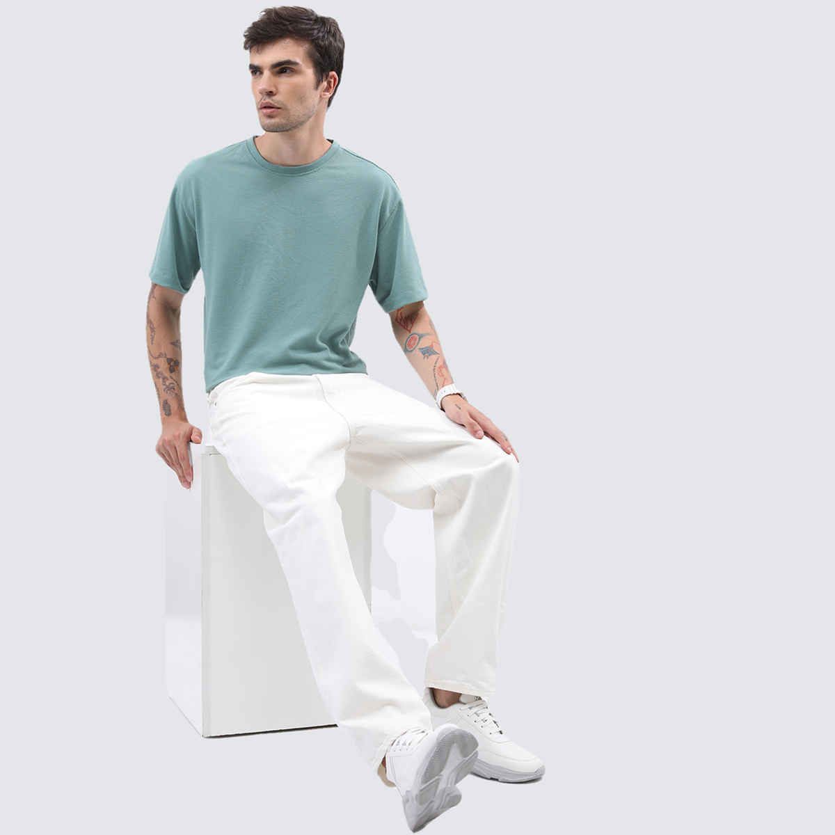 HIGHLANDER Men's Self Design Round Neck Oversized T-shirt | Green - S