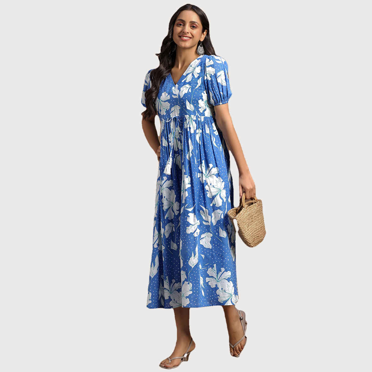 Libas Women's Printed Cotton Fit and Flare Dress | Blue - L