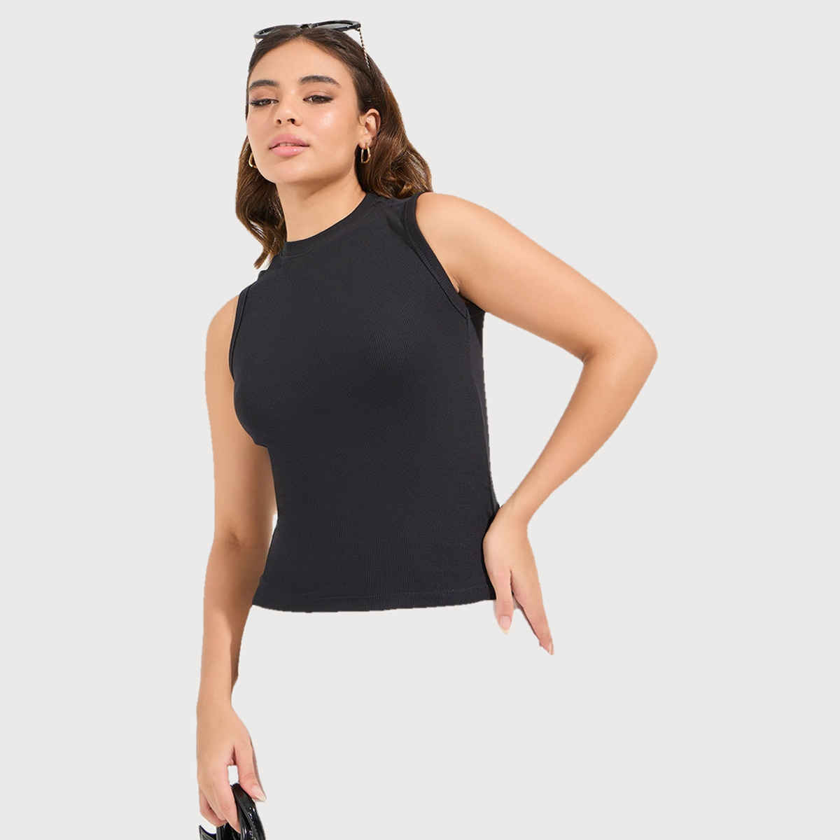 Styli Women Black Ribbed High Neck Fitted Tank Top L | 7007870301