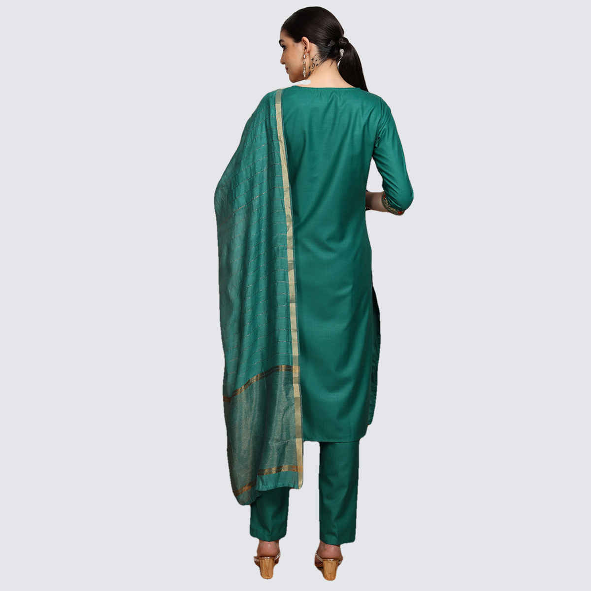Vishudh Women's Embroidered Straight Kurta With Pants And Dupatta | PVK3000011 | Green - M