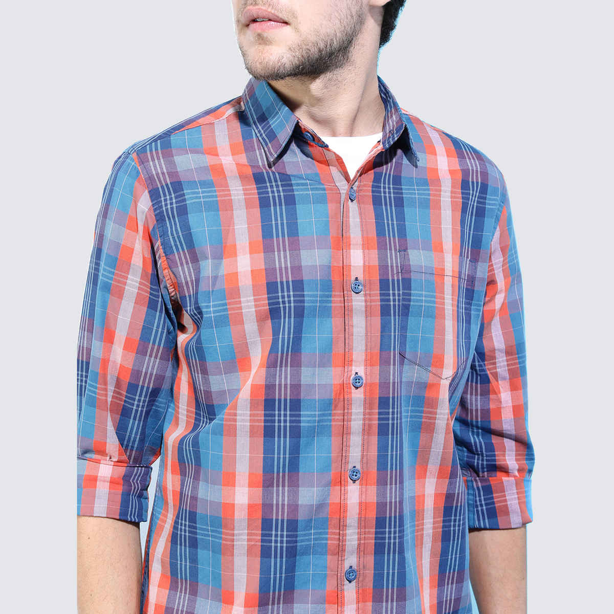 HIGHLANDER Men's Slim Fit Checked Casual Shirt | Blue and Orange - S