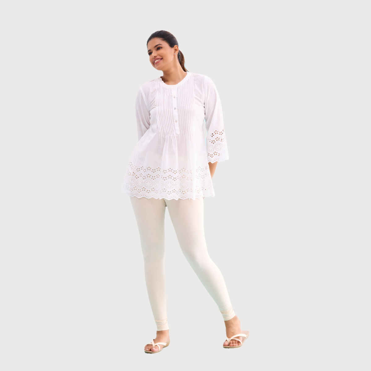 Go Colors Women's Solid Mid Rise Ankle Length Leggings | Ecru - XL
