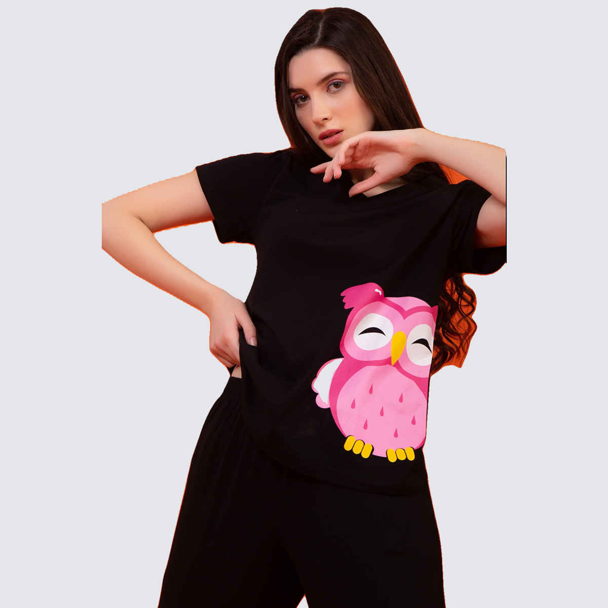 Clovia Owl Print Top & Pyjama Nightwear Set | 100% Cotton | Black | M