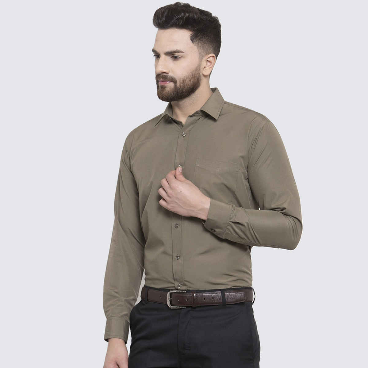 English Navy Men Olive Solid Slim Fit Formal Shirt-44