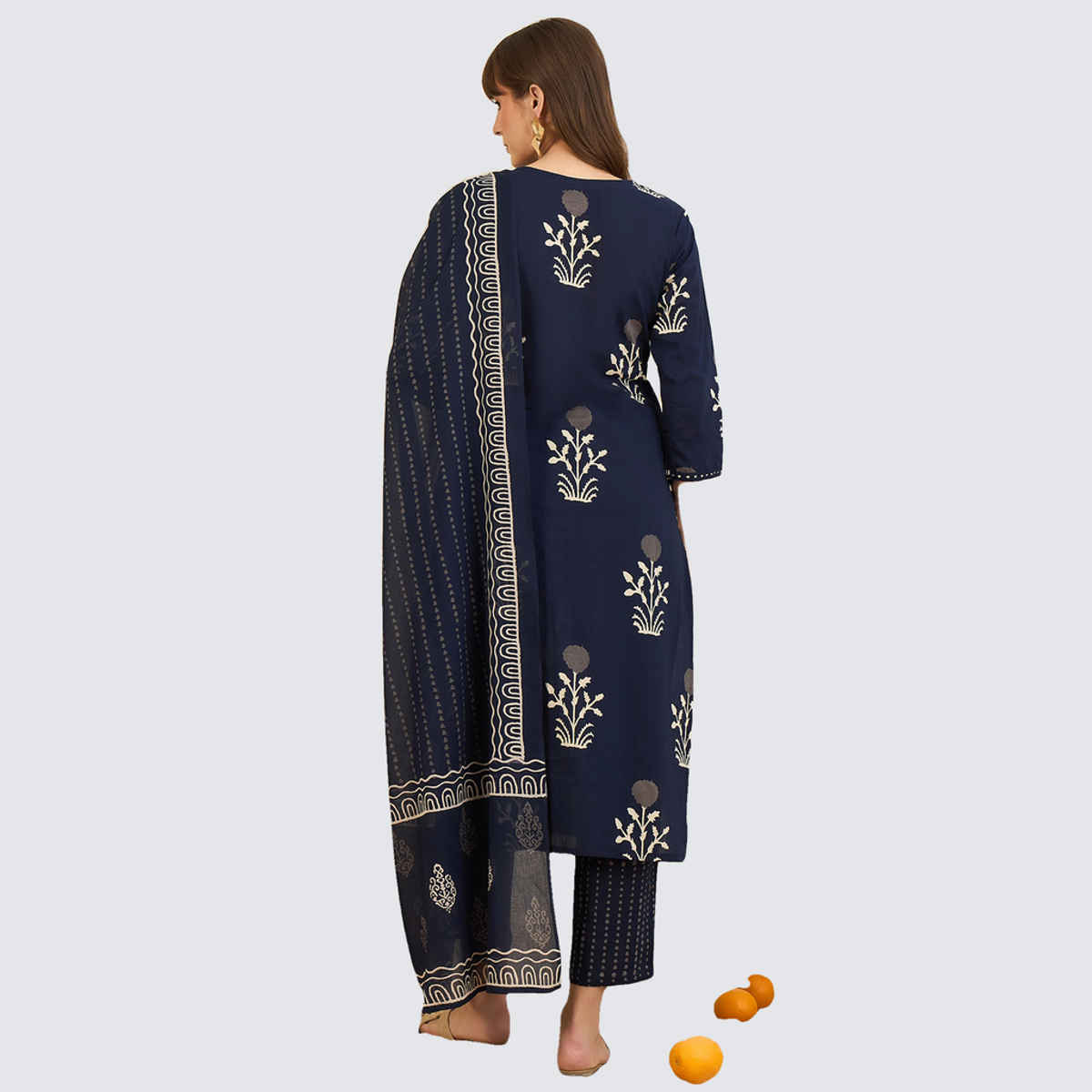 Indo Era Women's Printed Straight Kurta Pant with Dupatta Set | KH0NB6735 | Navy Blue - L