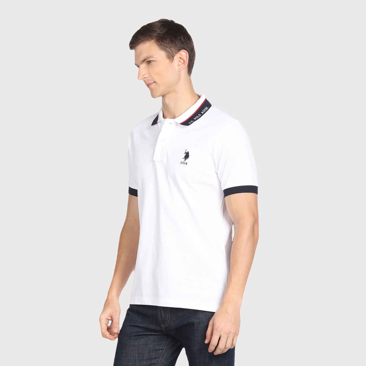 USPA Men's Printed Collar Cotton Polo T Shirt - Regular Fit - White - XL