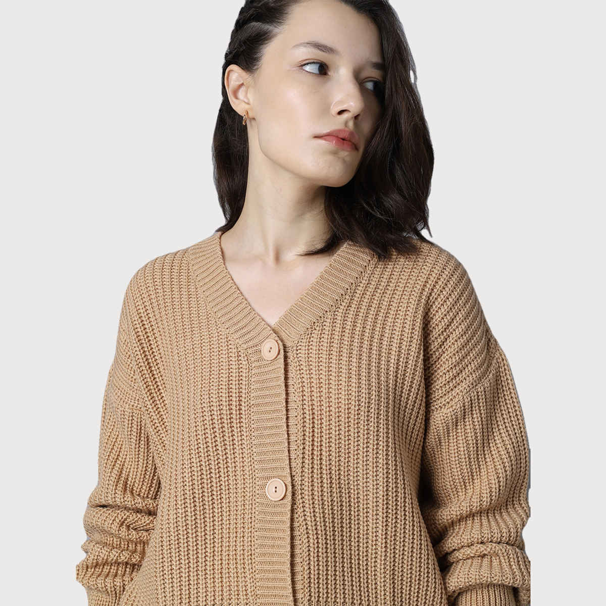 High Star Women's Ribbed V-Neck Long Sleeves Acrylic Cardigan | Sand - XL
