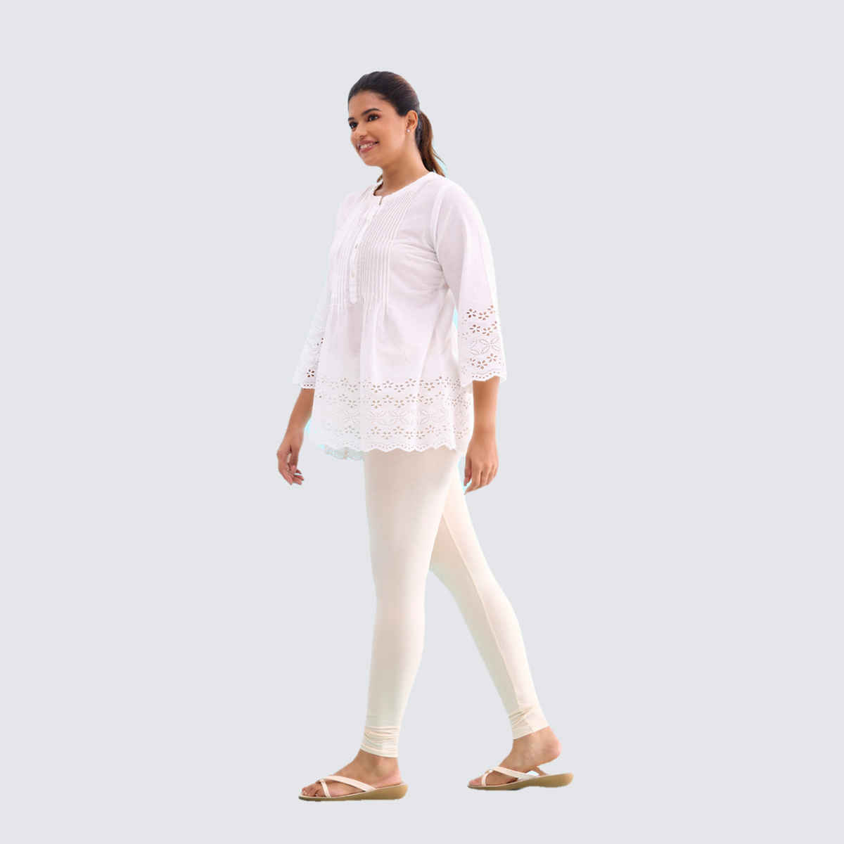 Go Colors Women's Solid Mid Rise Ankle Length Leggings | Ecru - L