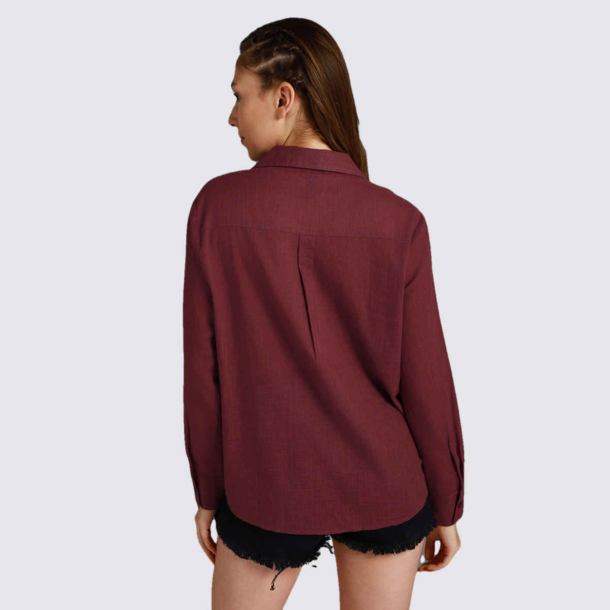 High Star Women's Spread Collar Long Sleeves Cotton Casual Shirt | Maroon - S