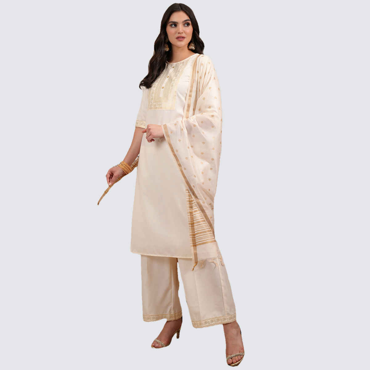 Vishudh Women's Foil Print Straight Kurta with Cropped Palazzo with Dupatta | PVK3000037 | Cream -S