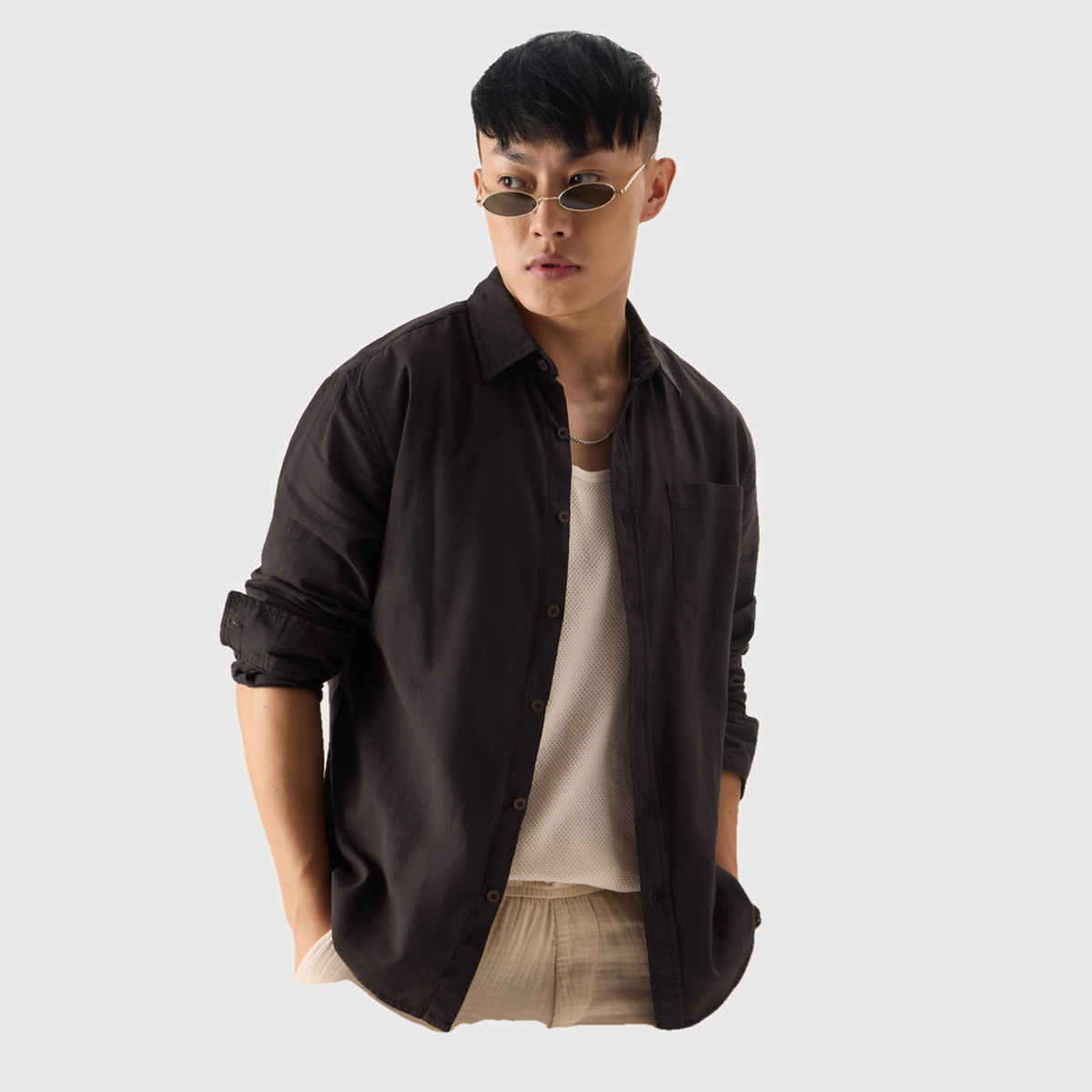 The Souled Store Men's Regular Brown Cotton Linen Shirts | M