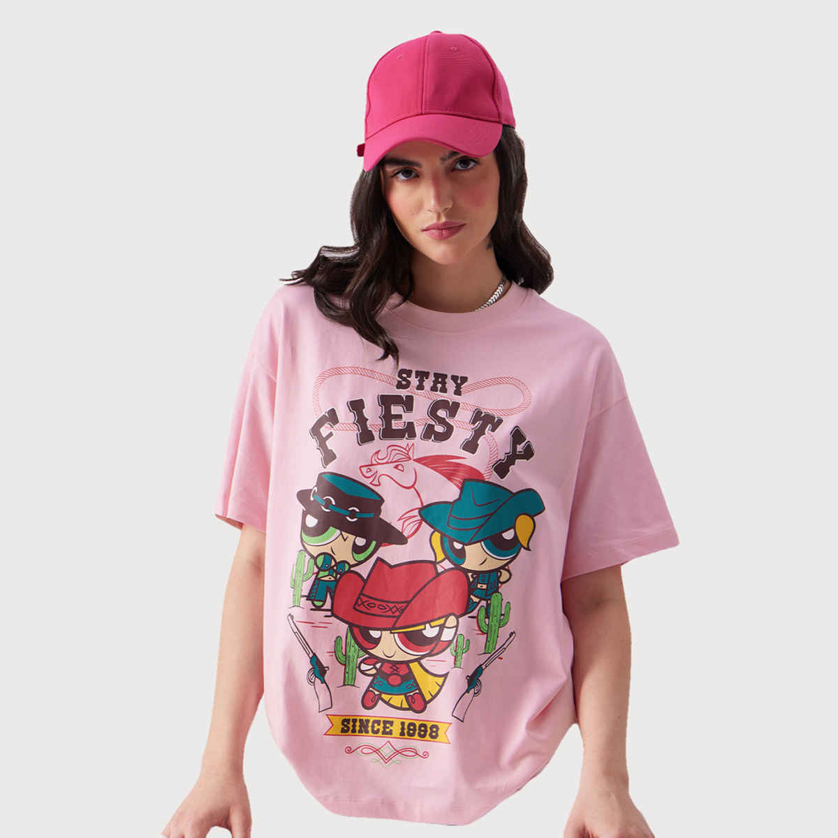 The Souled Store Women's Powerpuff Girls Stay Fiesty Oversized T-shirt | Pink - XS