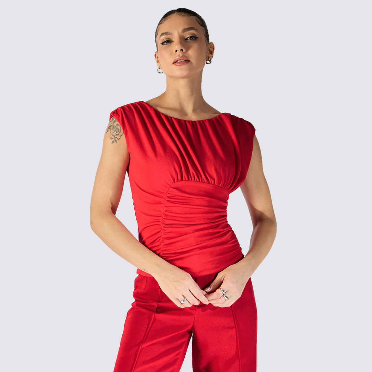 Uptownie Women's Backless Gather Detailed Boat Neck Top | Red - S
