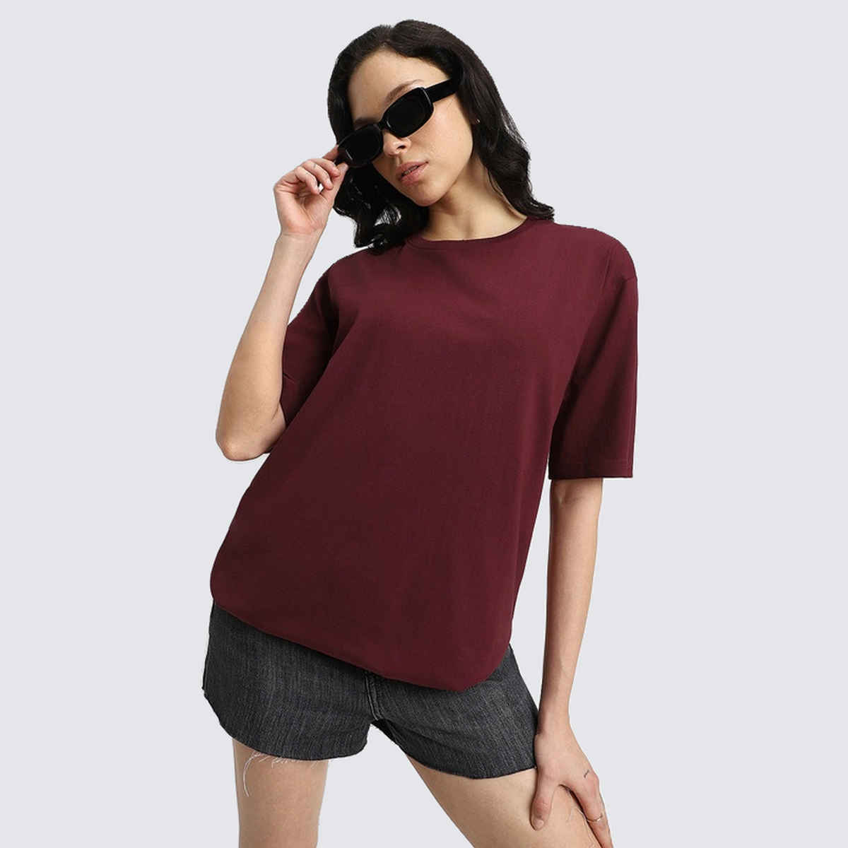 Juneberry Maroon Oversized Fit Round Neck T-shirt for Women - M