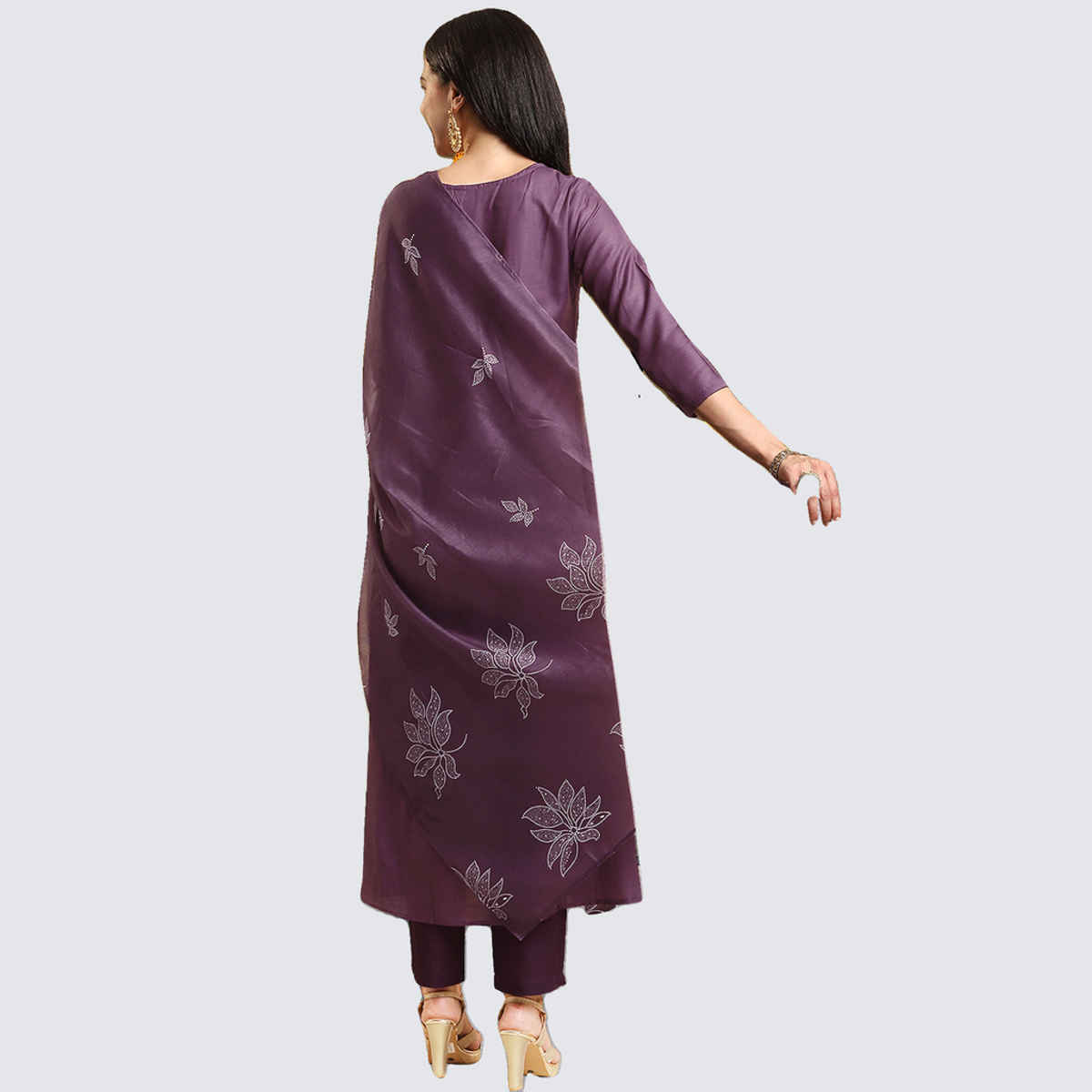 GoSriKi Women's Viscose Rayon Anarkali Printed Kurta with Pant & Dupatta | GANGORI | Wine - XL