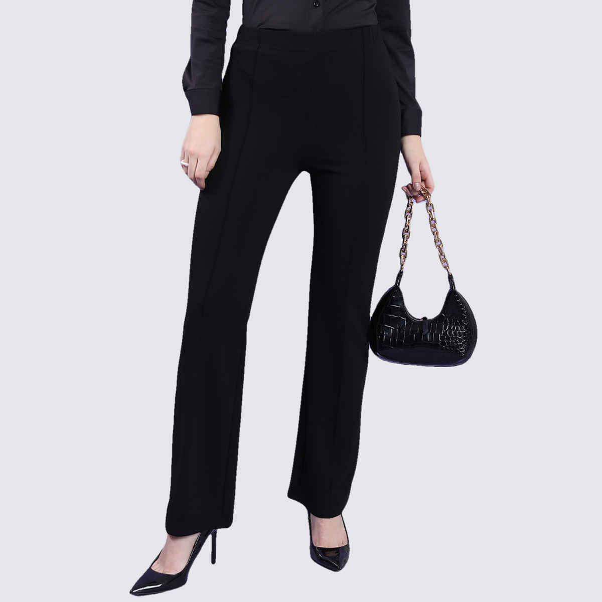 Tokyo Talkies Women's High - Rise Regular Fit Bootcut Trousers| Black - 32