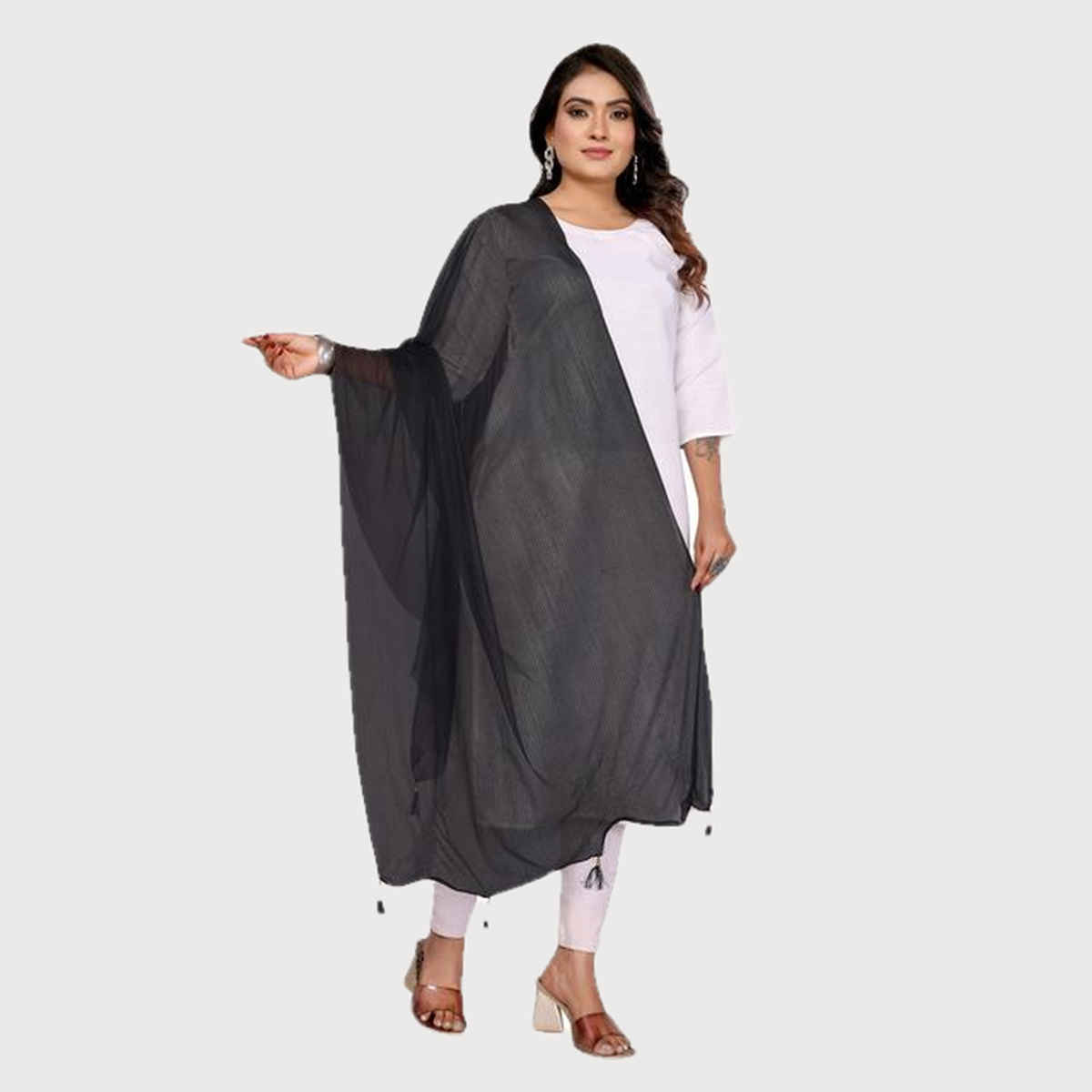 FABFLICK Lycra Made Plain Solid Women's Dupatta With Tassels | Black