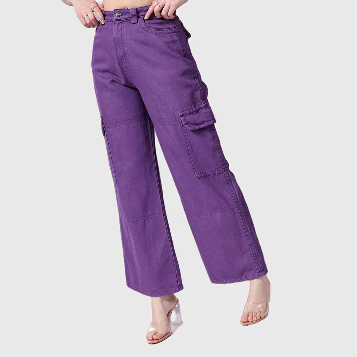 Freehand Women's Overdyed Baggy Cargo Denim With Flap Pocket Jeans | Purple - 28