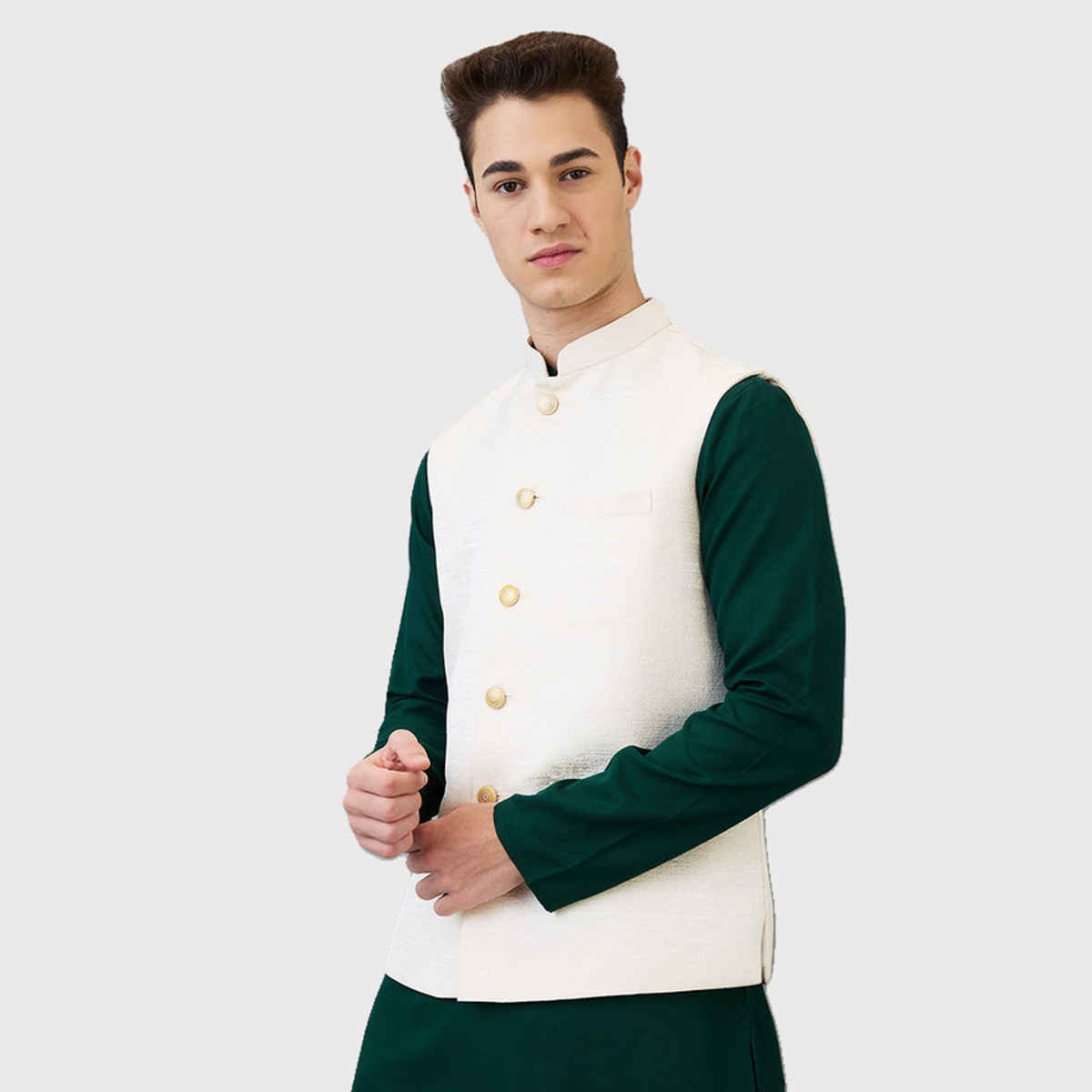 Ethnix by Raymond Men's Regular Fit Pure Polyester Structure Stand Collar Bundi | White - 2XL