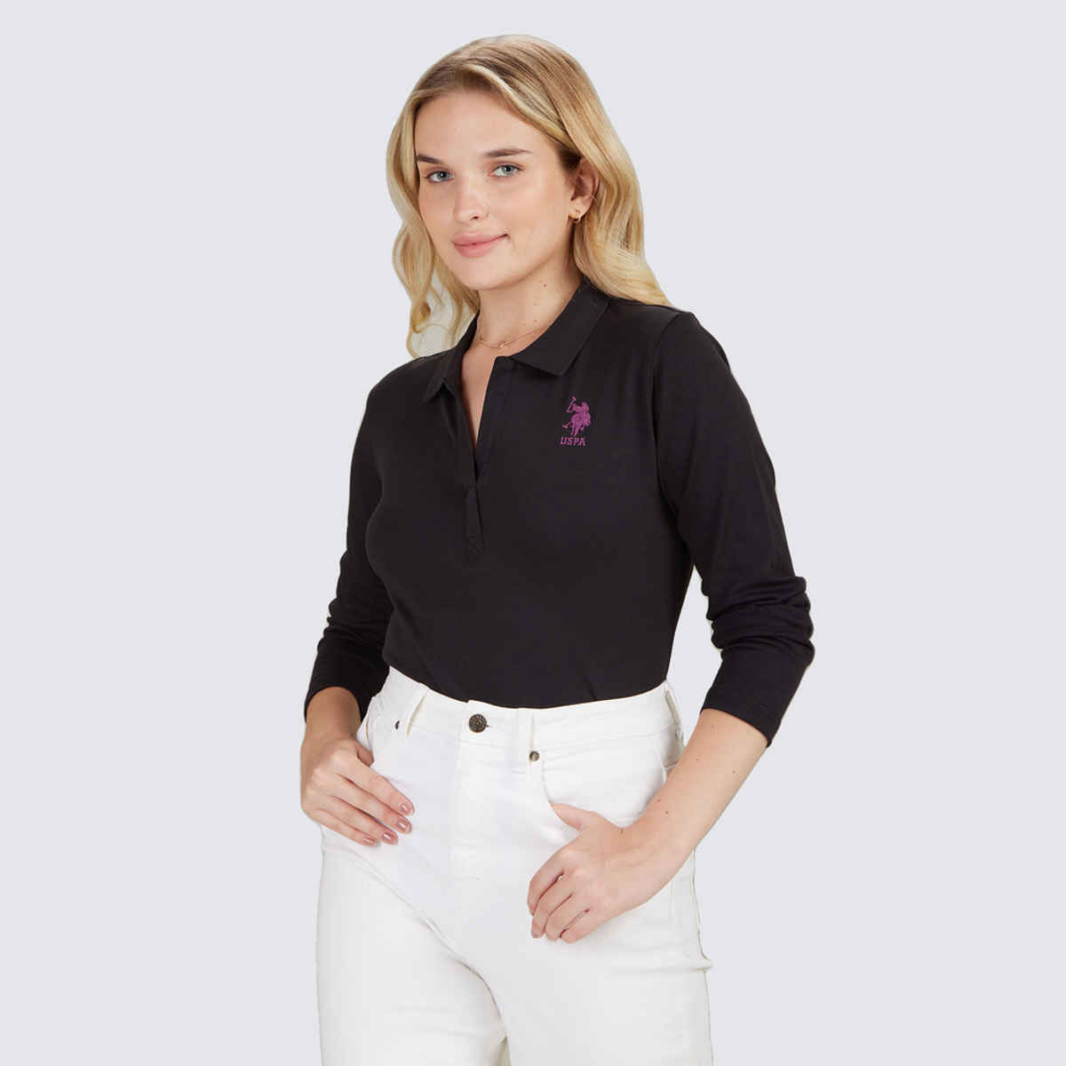 U.S. Polo Assn. Women's Long Sleeve Cotton Polo Shirt | Black - M
