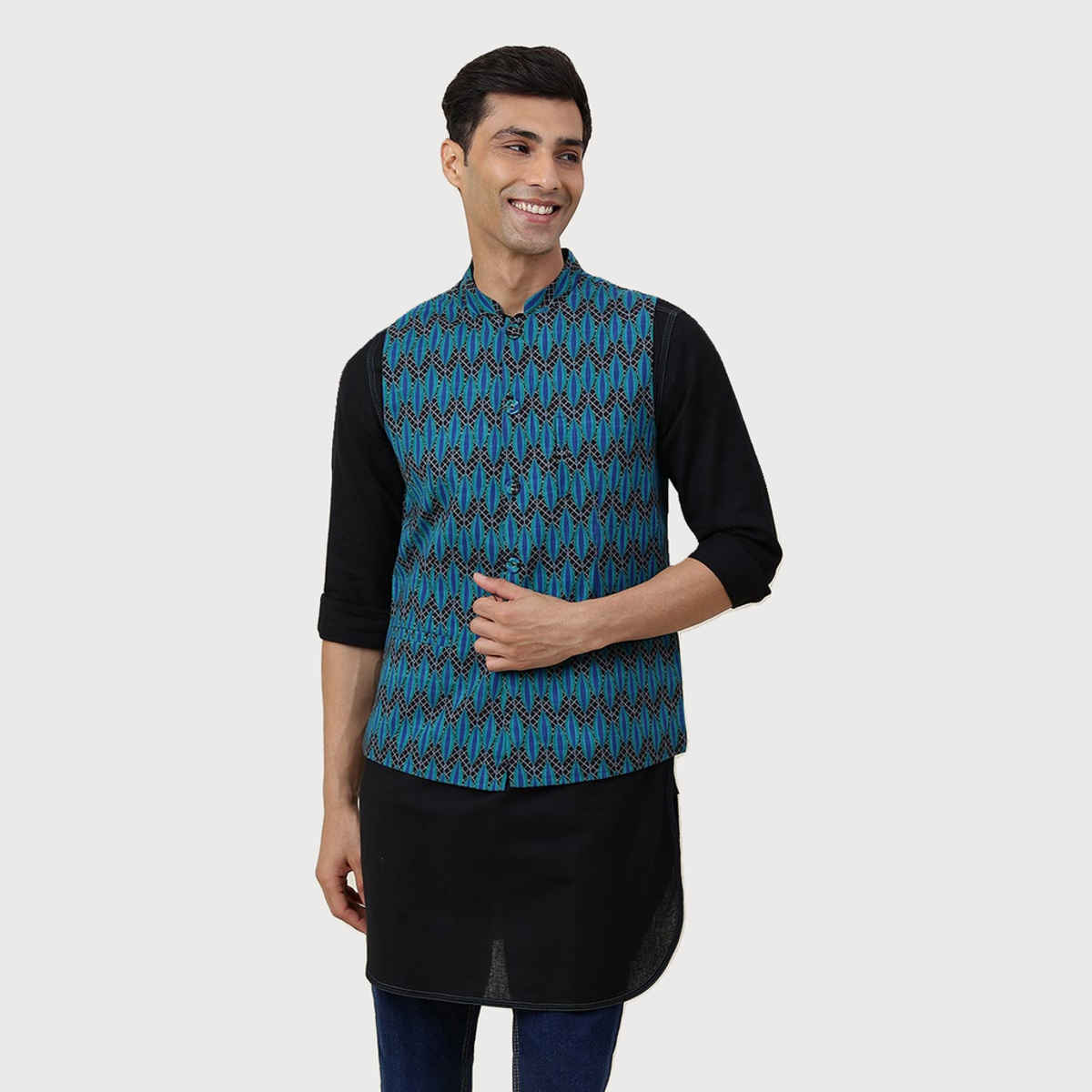 Fabindia Men's Nehru Jacket Printed Slim Fit | Blue - L