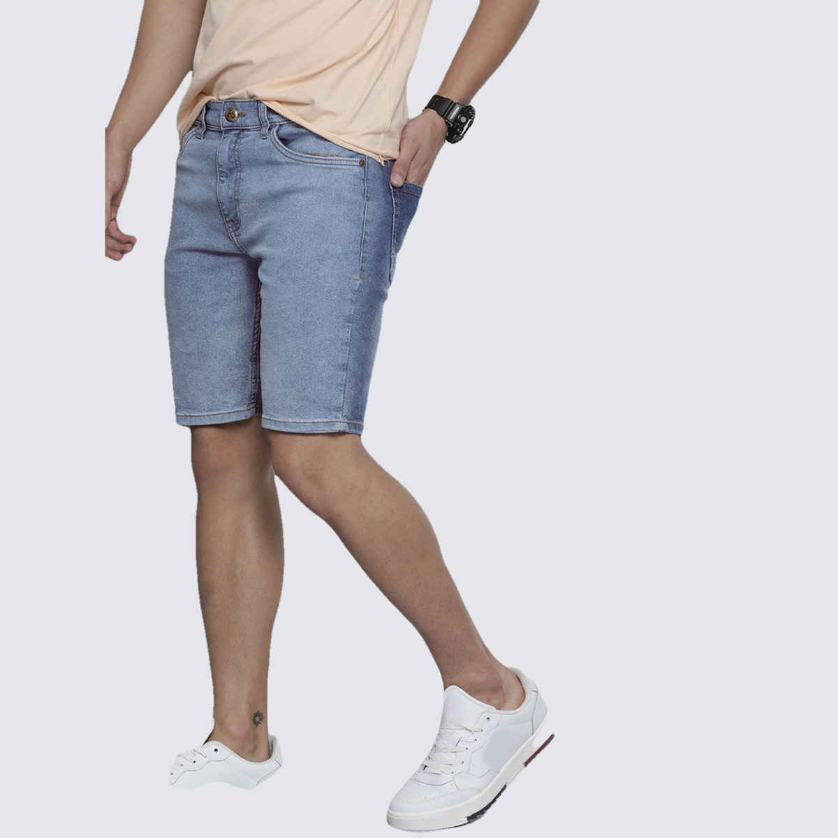 The Indian Garage Co Men | Slim Fit Solid Casual Denim Shorts | Light Blue | 32