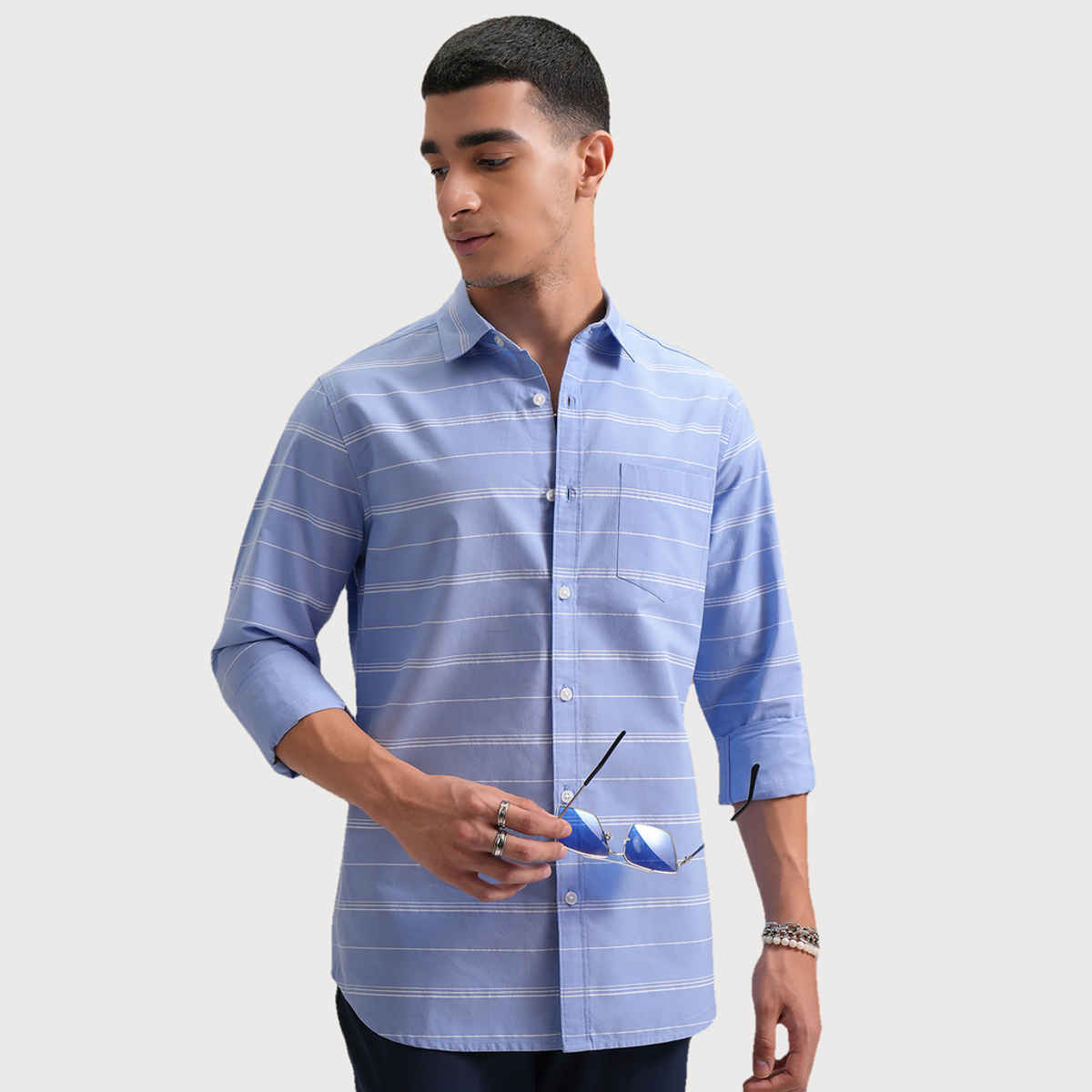 Highlander Men's Classic Slim Fit Horizontal Striped Spread Collar Cotton Shirt | Blue & White - M