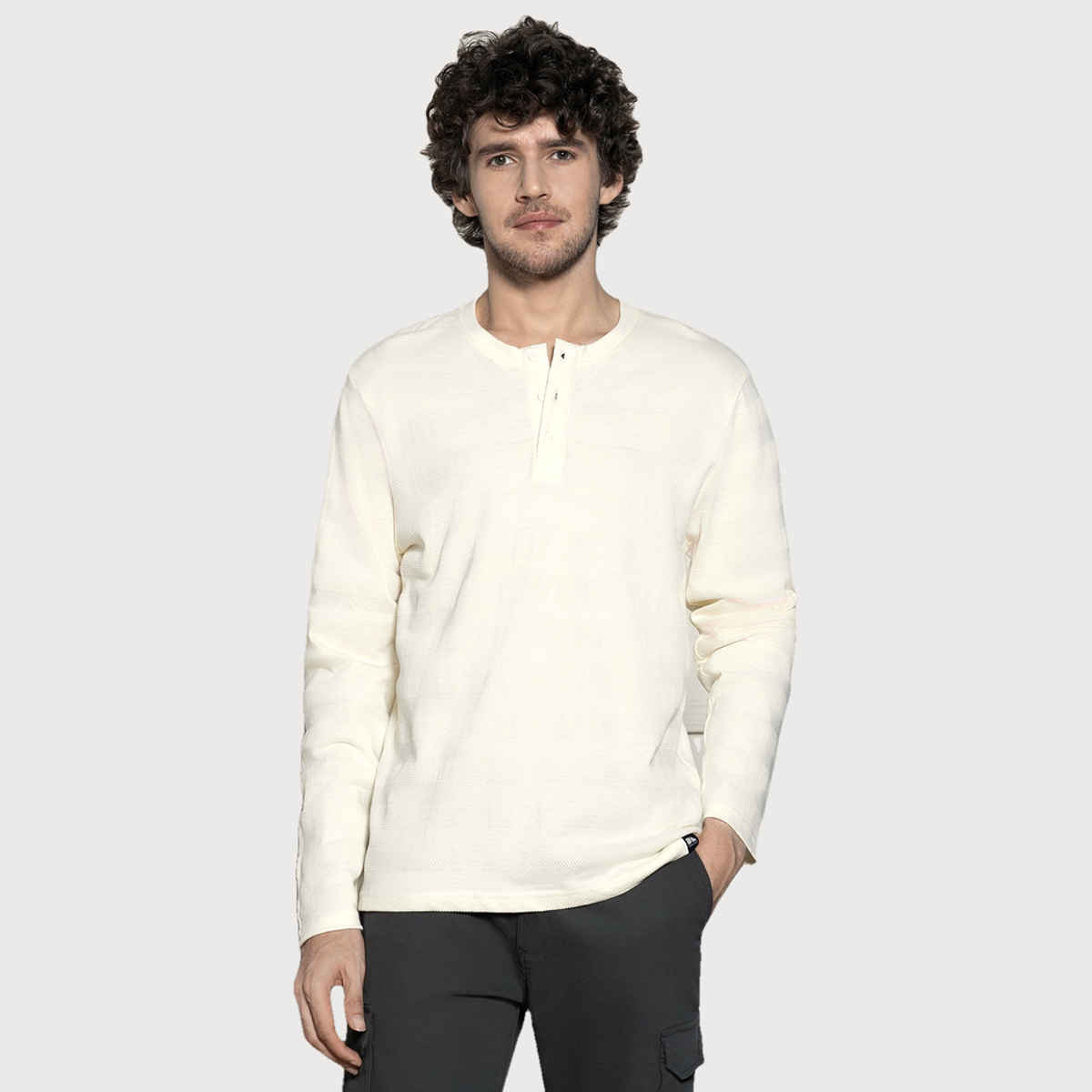 Dennis Lingo Men's Henley Neck Textured Full Sleeve T-shirt | White Ecru | M