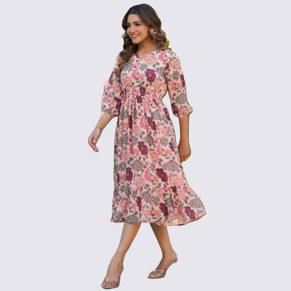 Janasya Women's Georgette Floral Printed Fit & Flare Dress | Peach - S