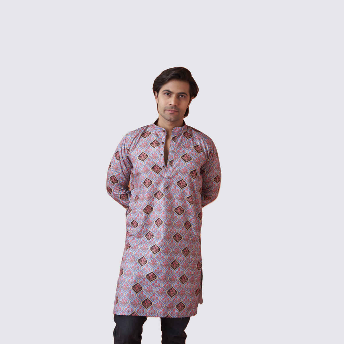 House Of Festivals Men's Printed Cotton Blend Long Kurta | Light Blue - XL