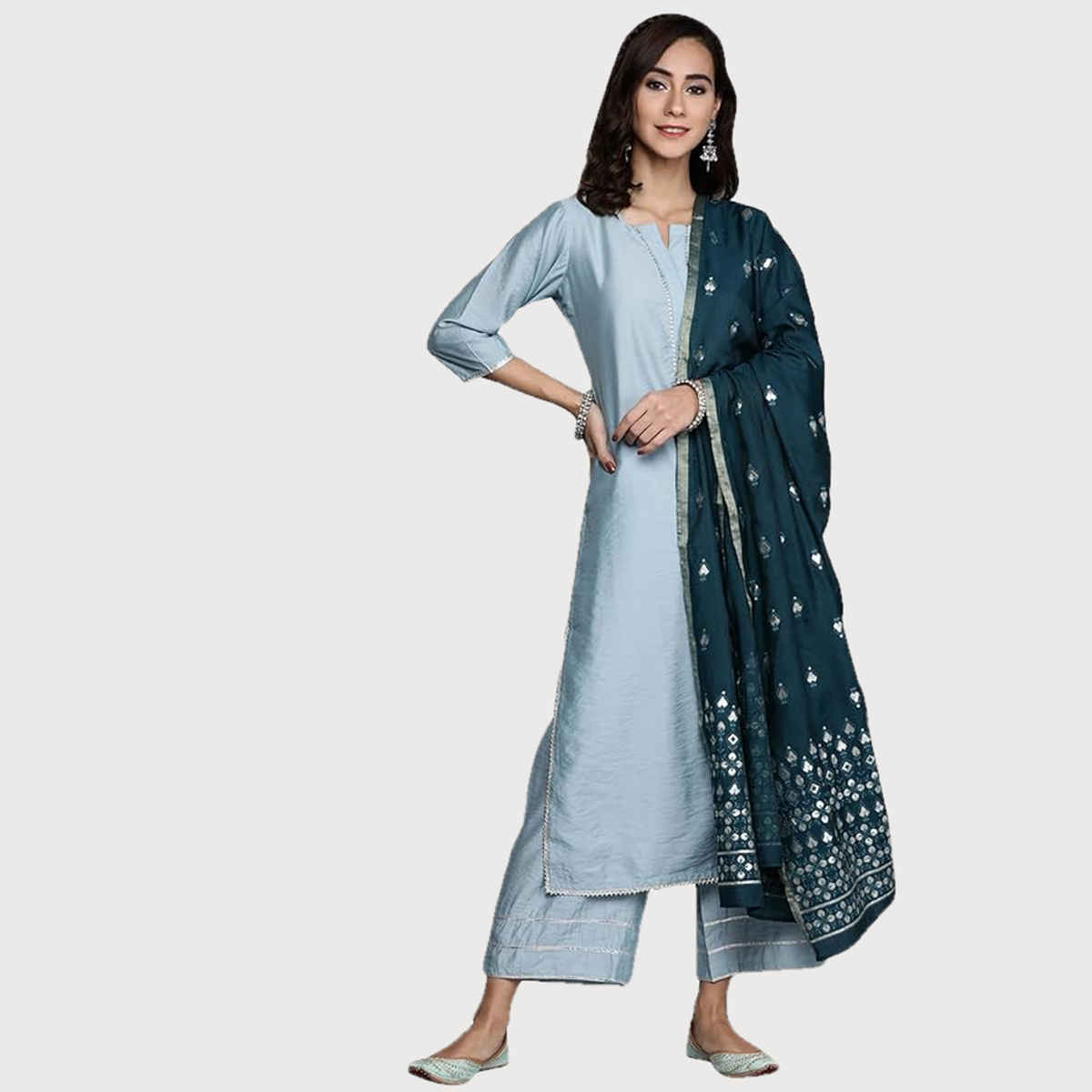 Libas Women Grey Silk Kurta And Grey Palazzo With Teal Blue Silk Dupatta - 20203OXL