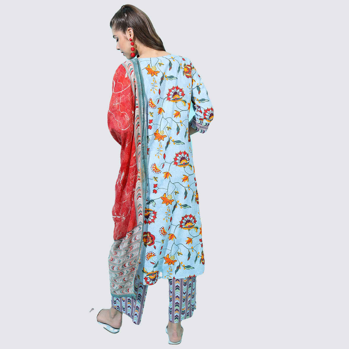 Vishudh Women's Floral Pure Cotton Kurta With Trouser & Dupatta | VNK3003691 | Blue - S