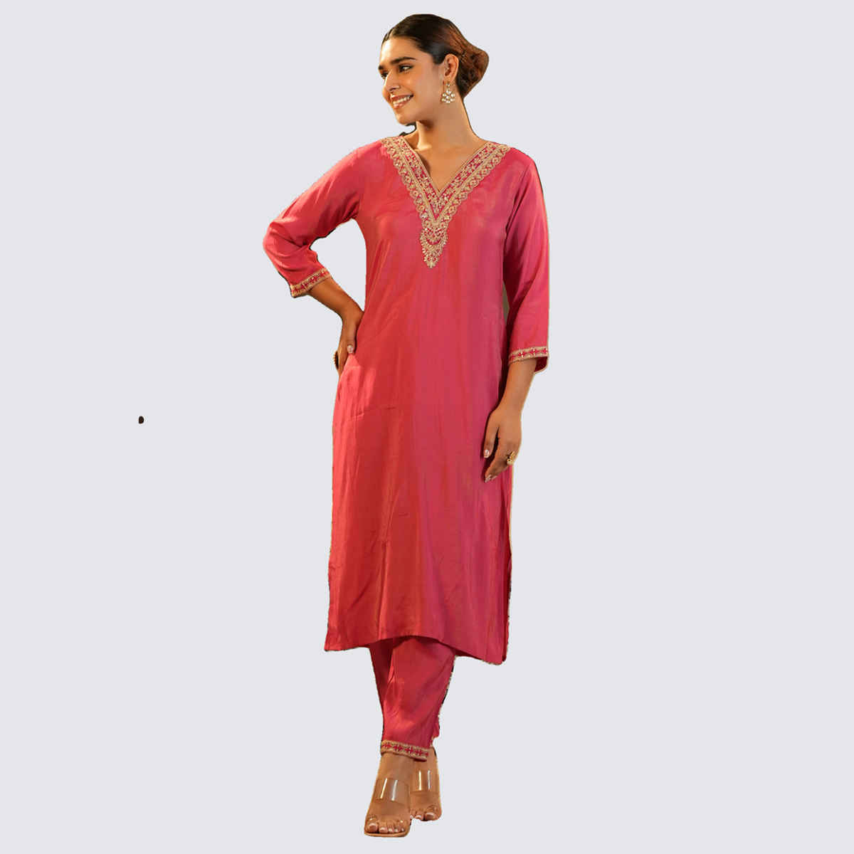INDO ERA Women's Embroidered Straight Kurta Pant set | KS9RP11589 | Pink - L