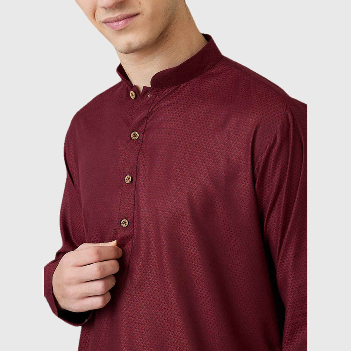 Ethnix by Raymond Men's Fit Poly Viscose Blend Full Sleeve Stand Collar Kurta | Dark Maroon - XL