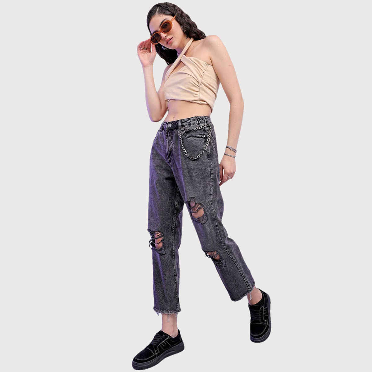 Freehand Women's High Waist Distressed Straight Fit Torn Denim Jeans | Grey - 34