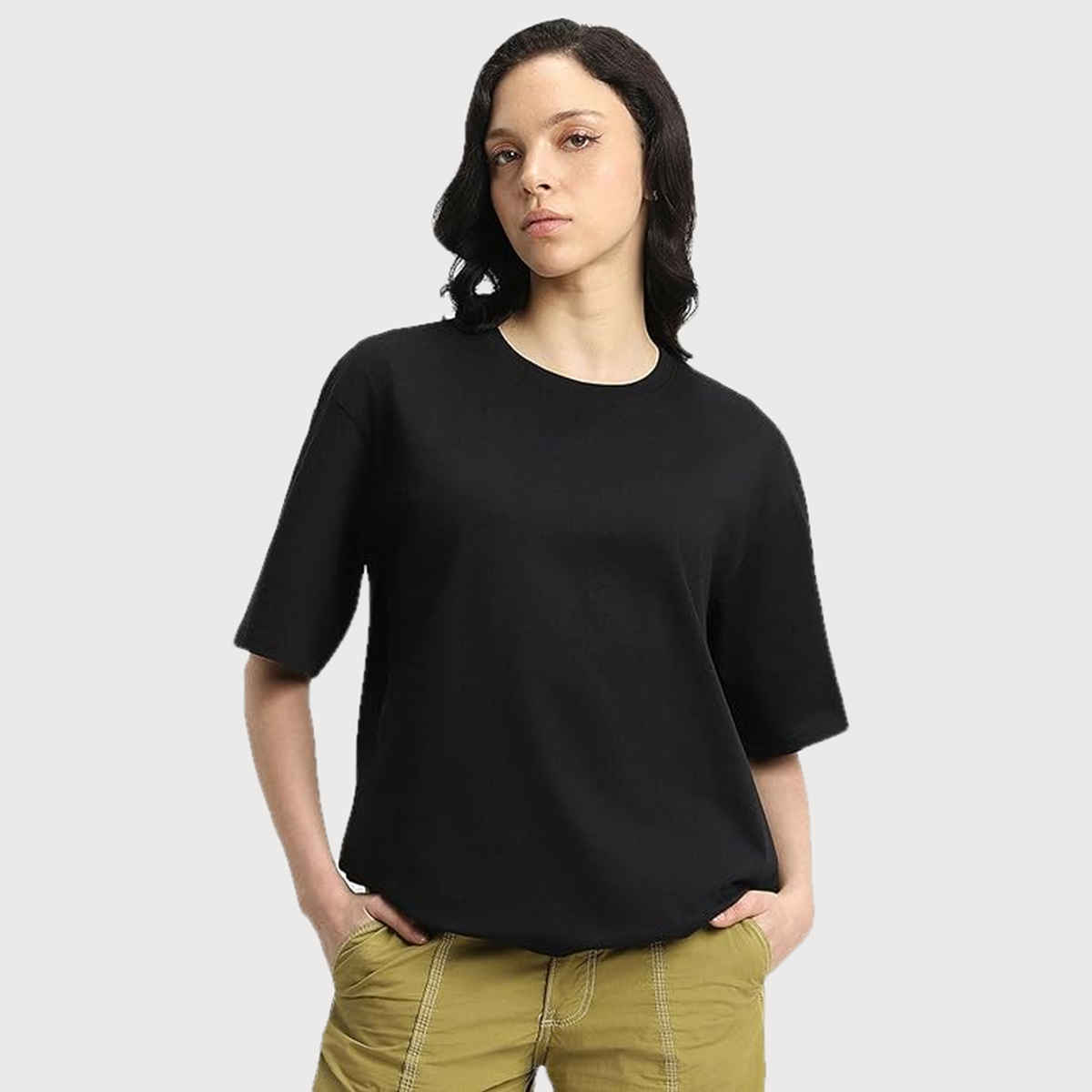 Juneberry Black Oversized Fit Round Neck T-shirt for Women - L