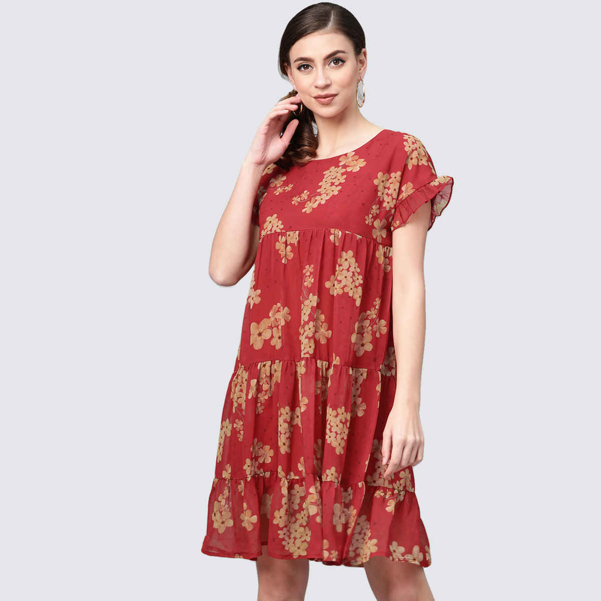 SASSAFRAS Women's Floral Tiered Trapeze Dress | Red - L
