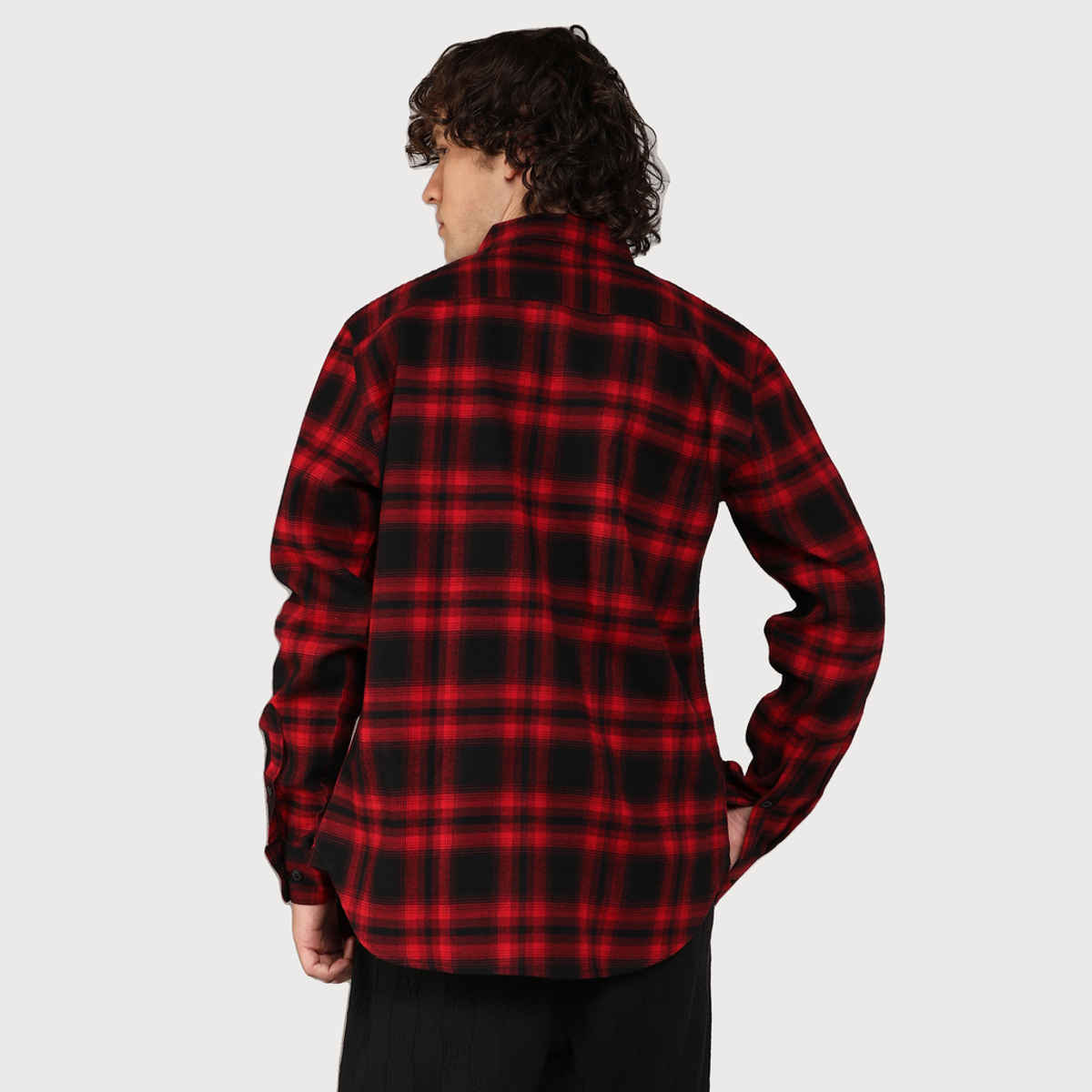 Campus Sutra Men's Brushed Buffalo Check Shirt | Midnight Black & Scarlet Red - S