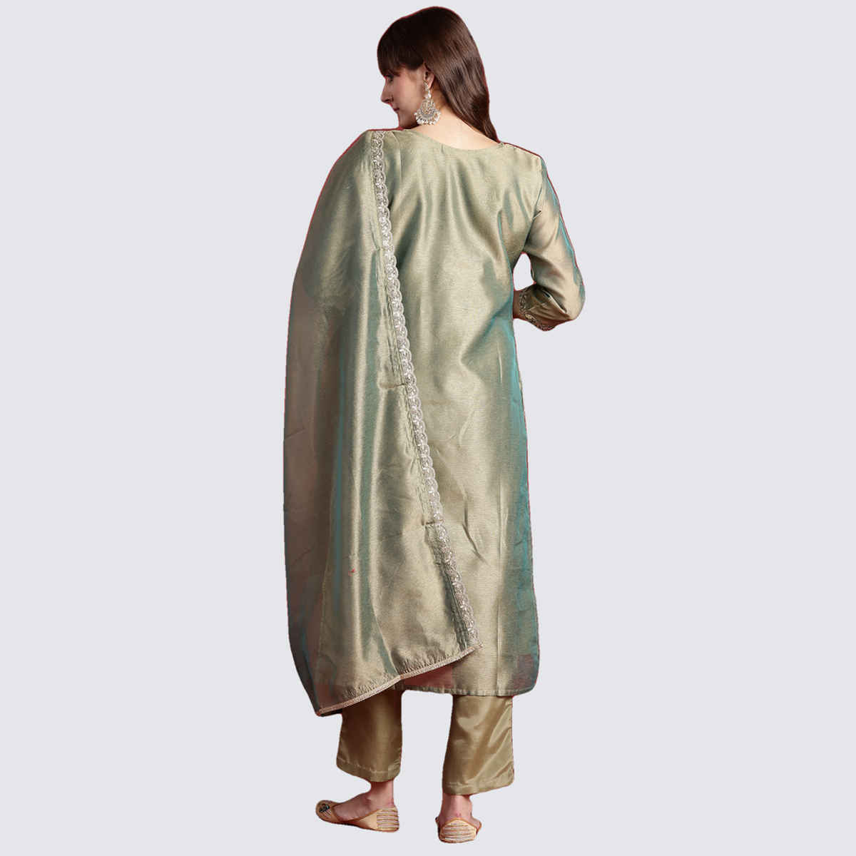 INDO ERA Women's Embroidered Straight Kurta Trousers with Dupatta Set | Green - L