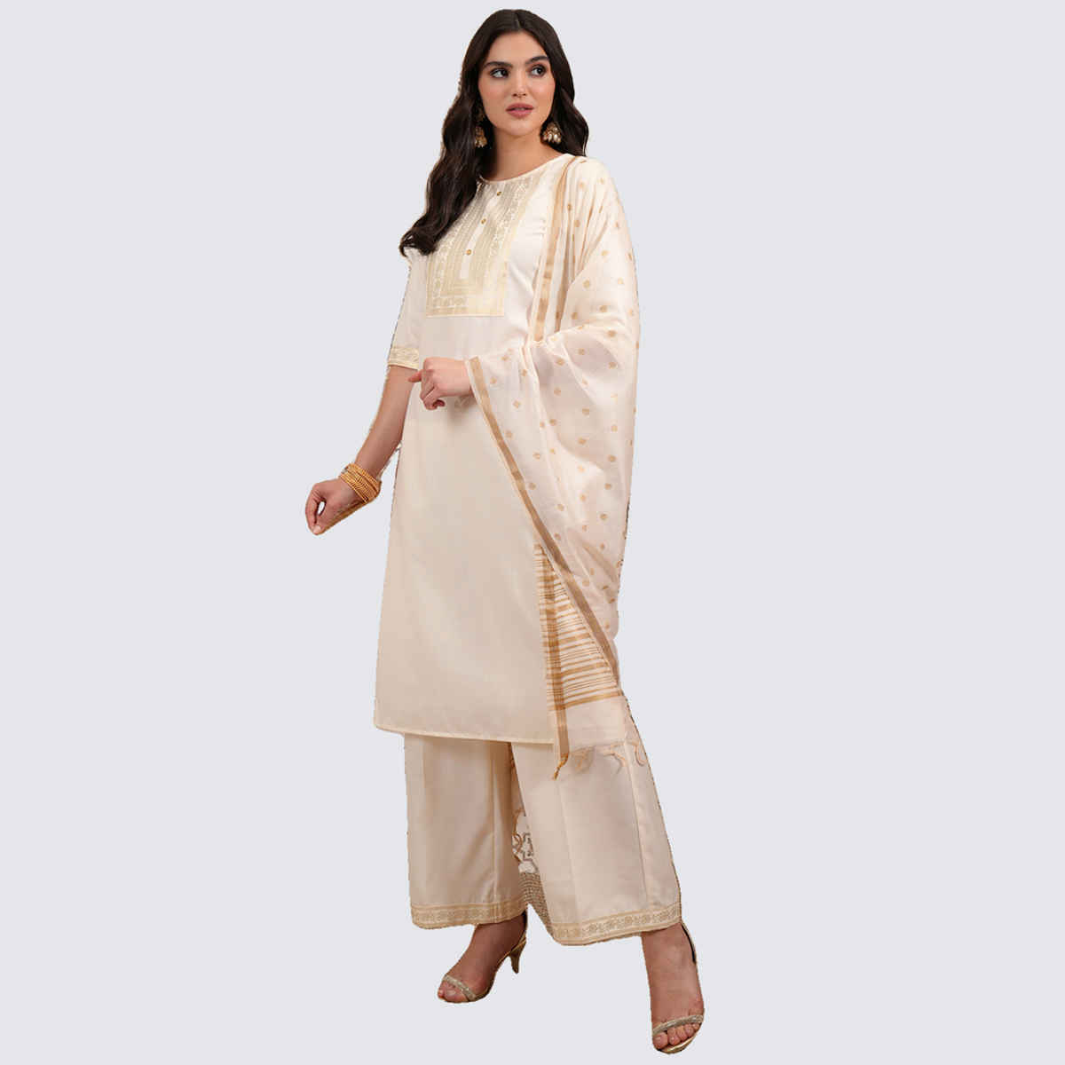 Vishudh Women's Foil Print Straight Kurta with Cropped Palazzo with Dupatta | PVK3000037 | Cream -M