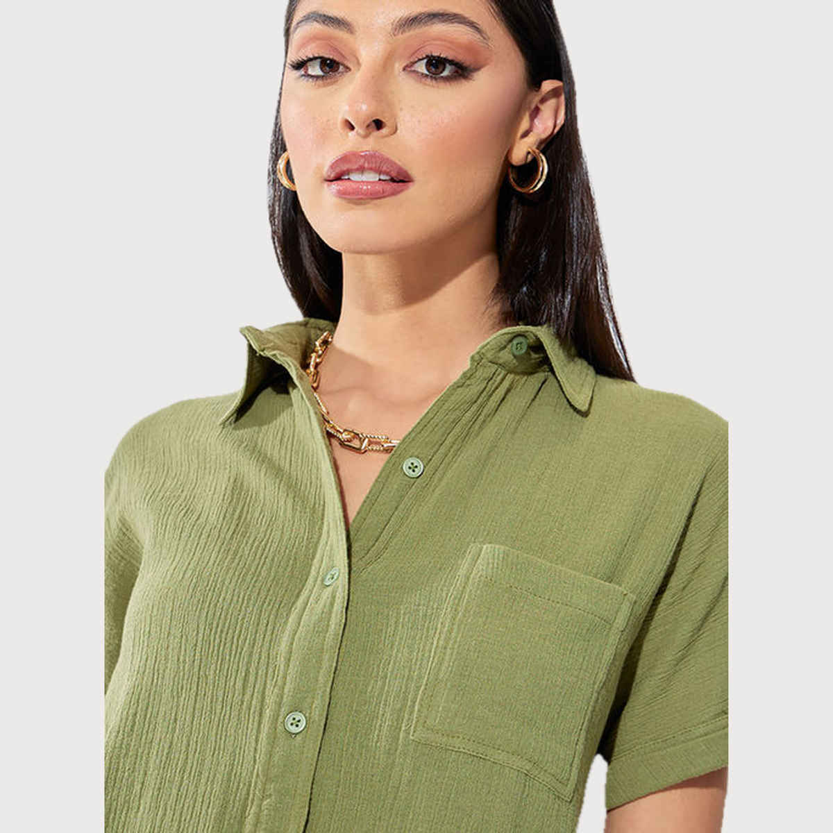Styli Women's Regular Fit Shirt with Extended Shoulder and Cotton Fabric | Green - S