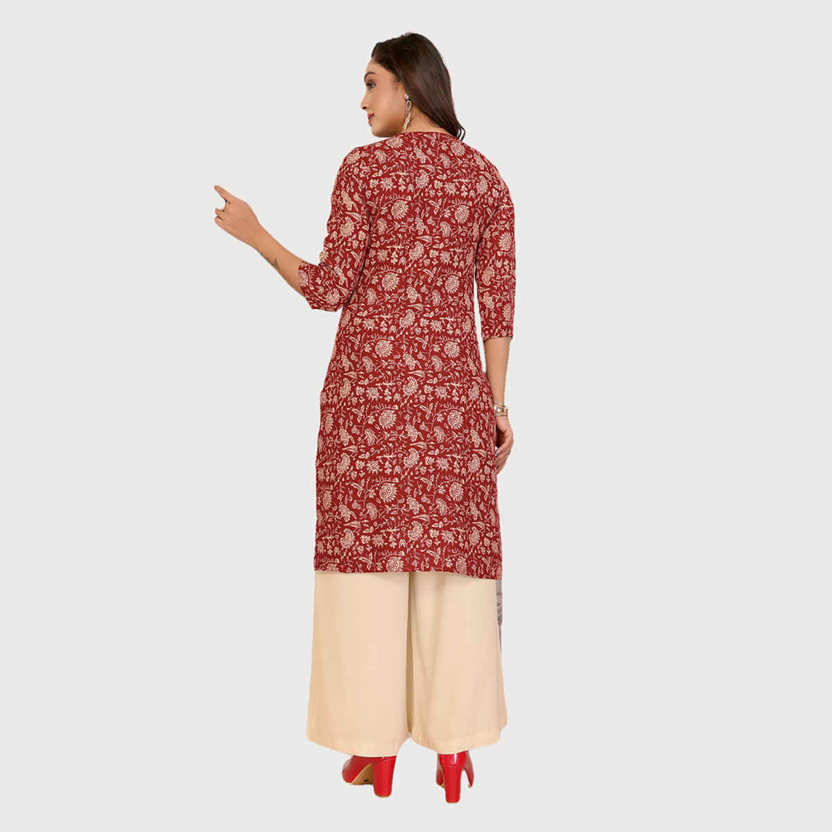 Rangita Women's Rayon Printed Straight Knee Length Kurta | Maroon - L