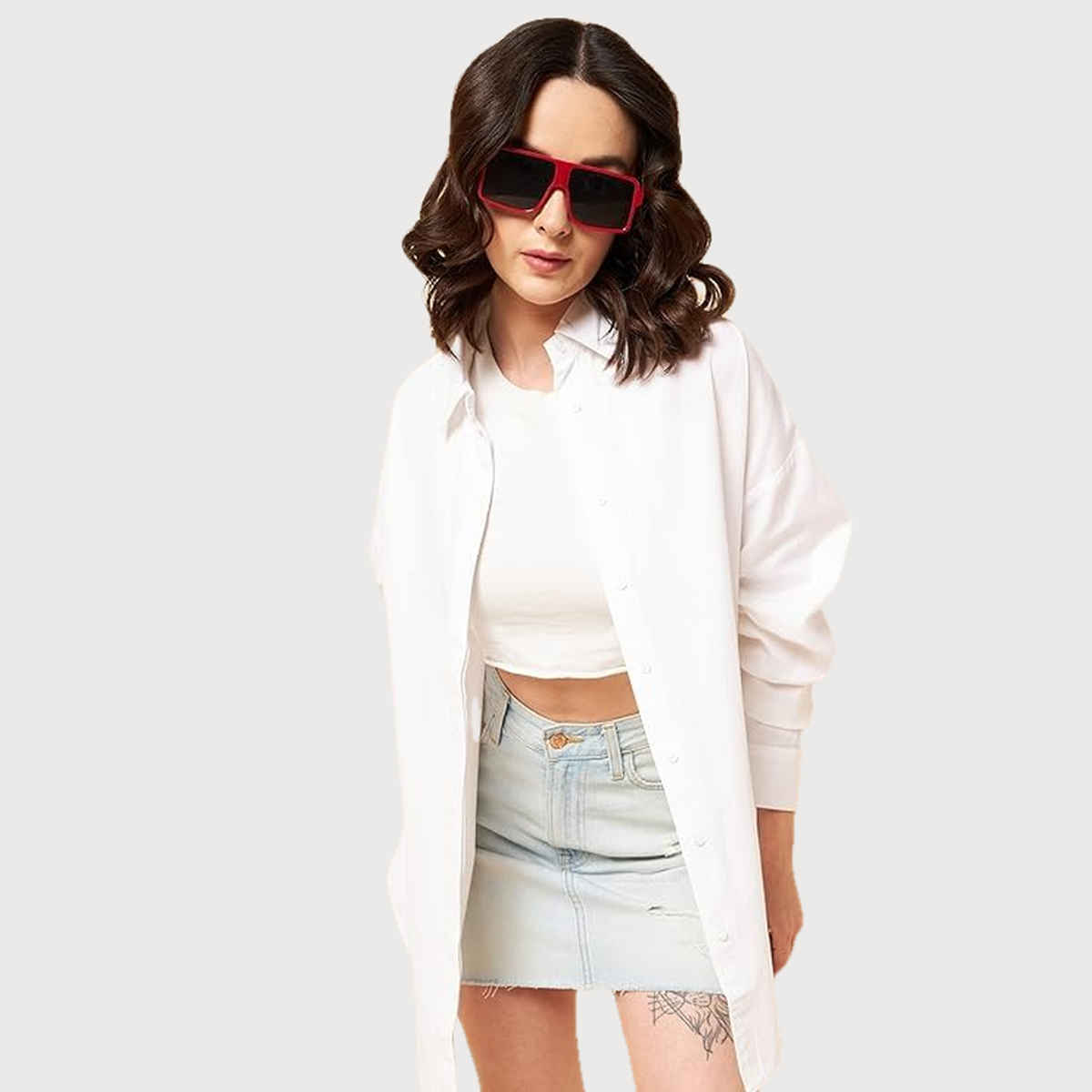 High Star Women's Solid Oversized Cotton Casual Shirt | White - M