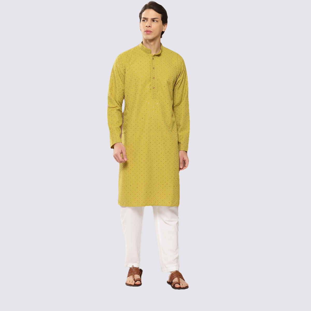 See Designs Men's Embroidered Sequined Rayon Kurta | Lime Green - M