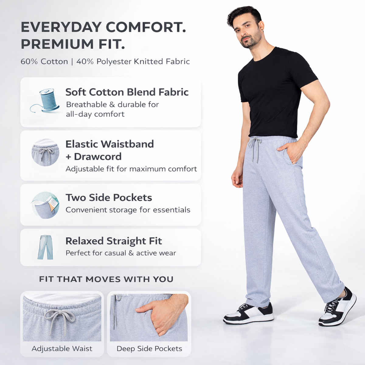 GCYX Men's Track Pant | 60% Cotton 40% Polyester Comfortable Wear | Grey Mel - M