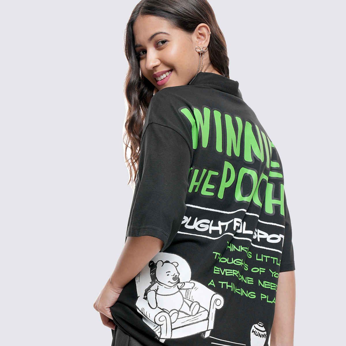 Tokyo Talkies Disney Women's Winnie The Pooh Polo Oversized T-shirt | Black - S