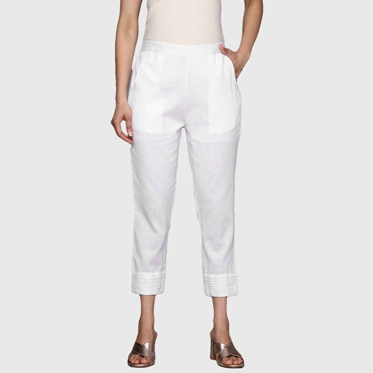 Libas Women White Cotton Solid Trousers With Both Side Pockets - Pl1404M