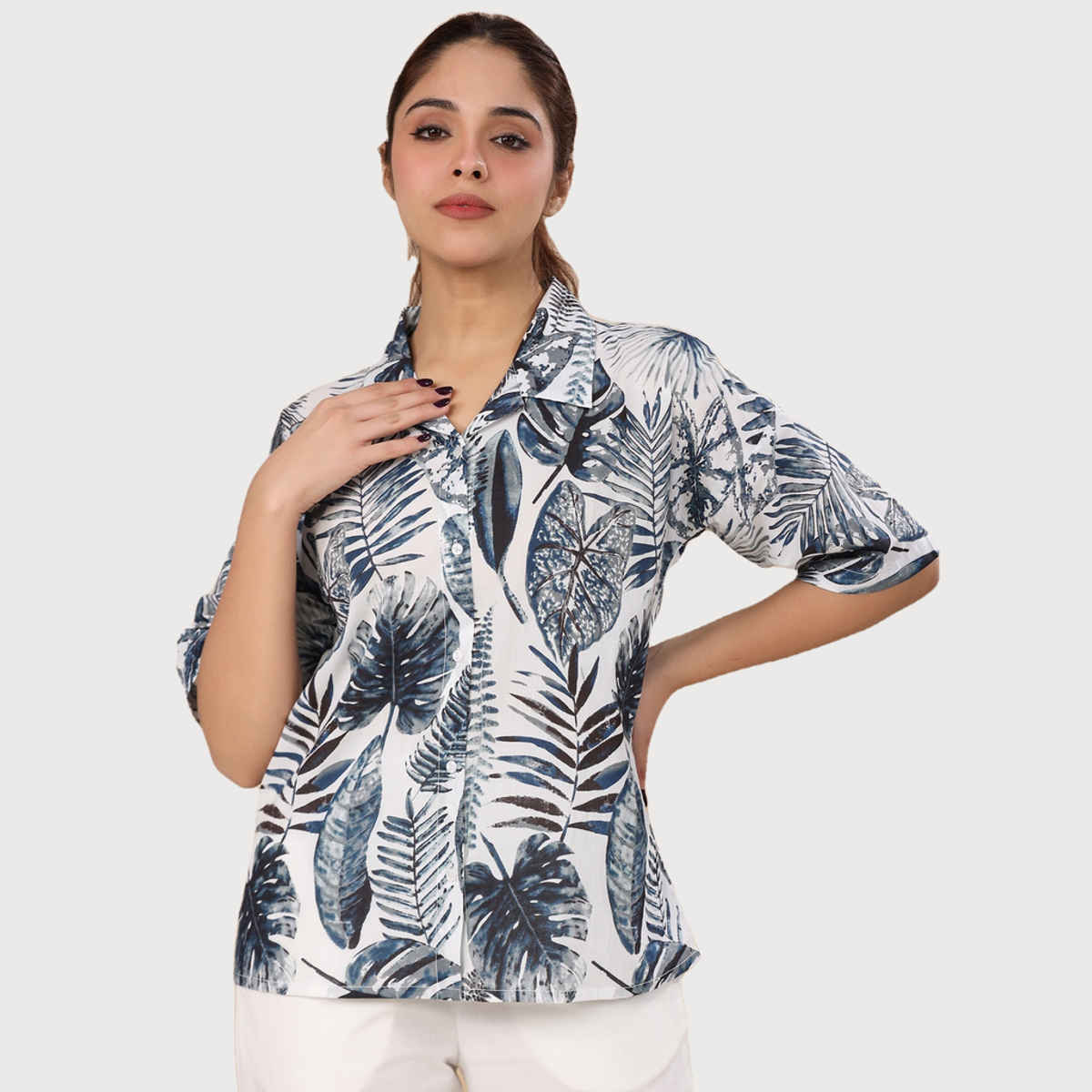 Sanskrutihomes Floral Printed Pure Cotton Night Suit | Blue - White | M