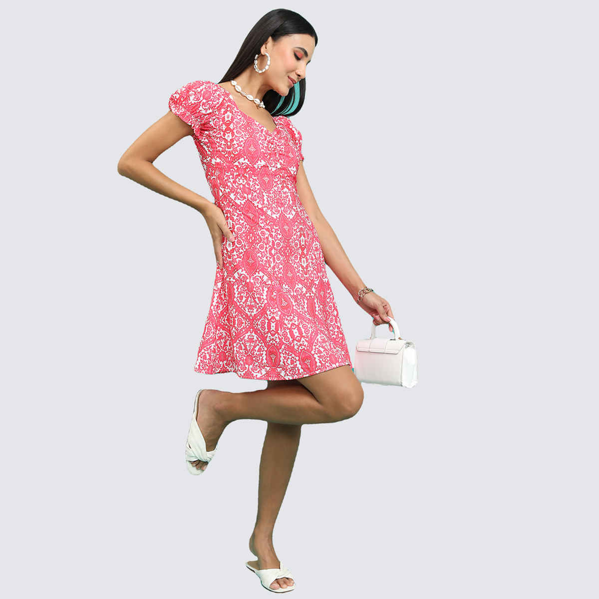 Tokyo Talkies Women's Ethnic Motifs Printed V - Neck Puff Sleeves A - Line Dress| Fuschia - S